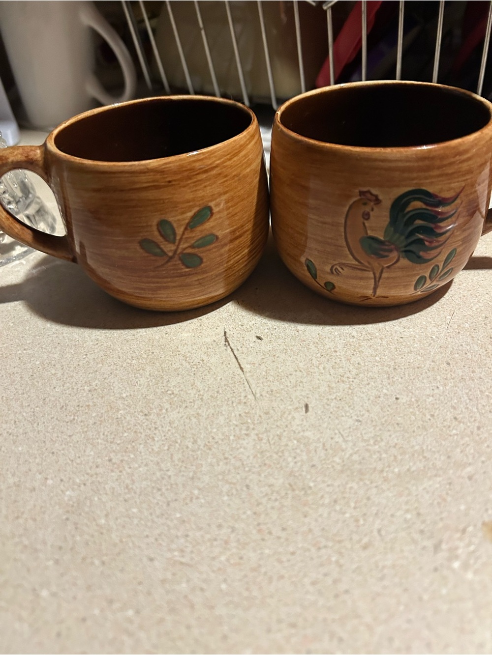 Handpainted Brown Ceramic Rooster Mug Set - Farmhouse Kitchen Accentuates